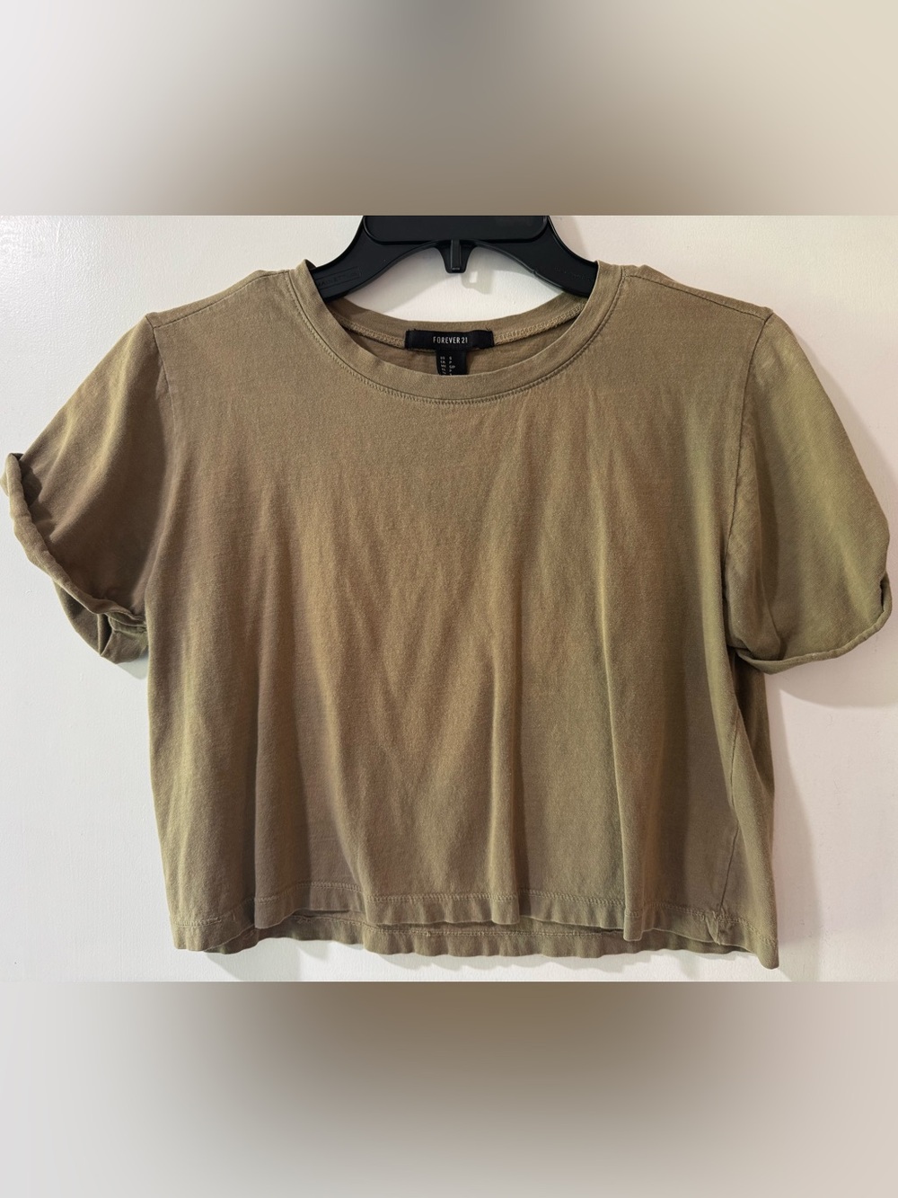 Forever 21 Olive Cropped Crewneck Tee with Rolled Sleeves